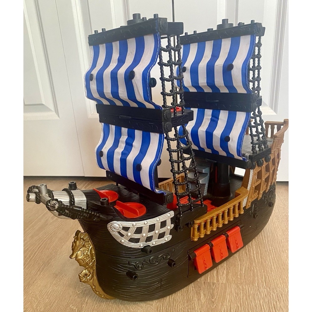 Fisher Price Imaginext Black Pirate Ship Toy w Blue & White Sails 2006